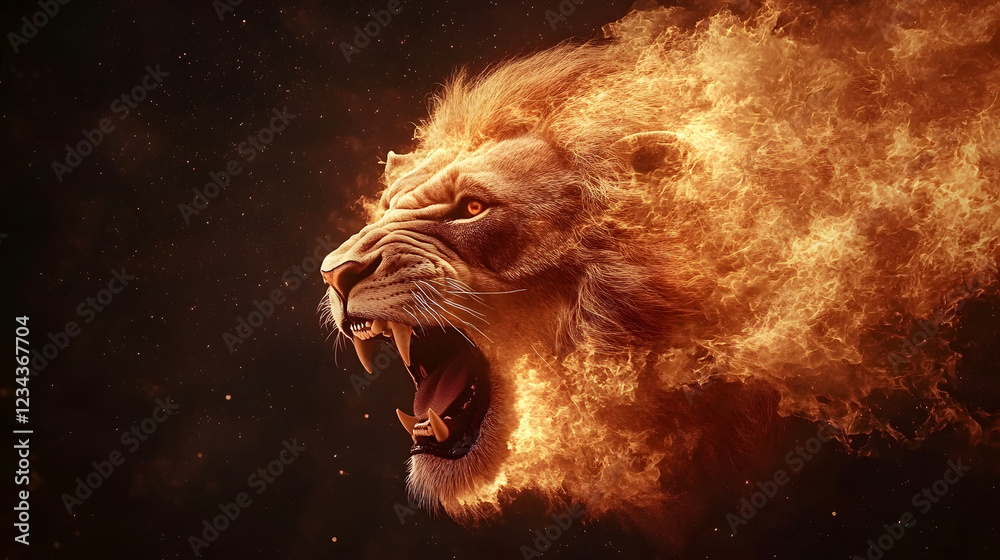 Naklejka premium A visually captivating lion's head engulfed in fierce flames symbolizes raw natural power and intense emotion, evoking feelings of awe and primal energy.