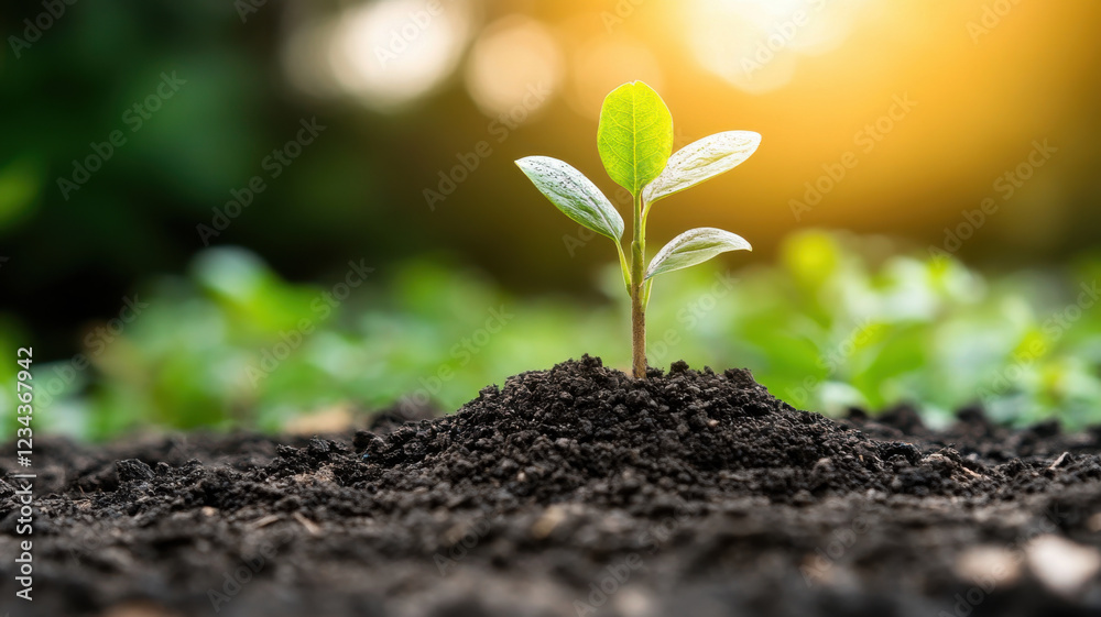 Fototapeta premium small green plant grows from dark soil, symbolizing new beginnings and hope