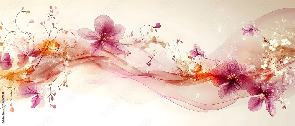 Fototapeta premium A beautiful floral design featuring delicate pink flowers and flowing pastel waves, creating a dreamy and tranquil atmosphere, perfect for nature-themed visuals.