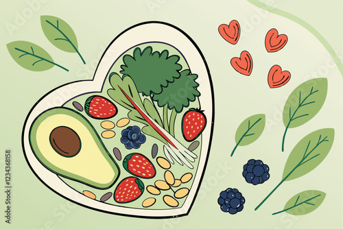 Heart-shaped bowl, fresh vegetables and fruits, colorful produce, healthy eating, green background, overhead view, balanced diet, nutrition concept, vibrant colors, avocado, broccoli, tomatoes, ber