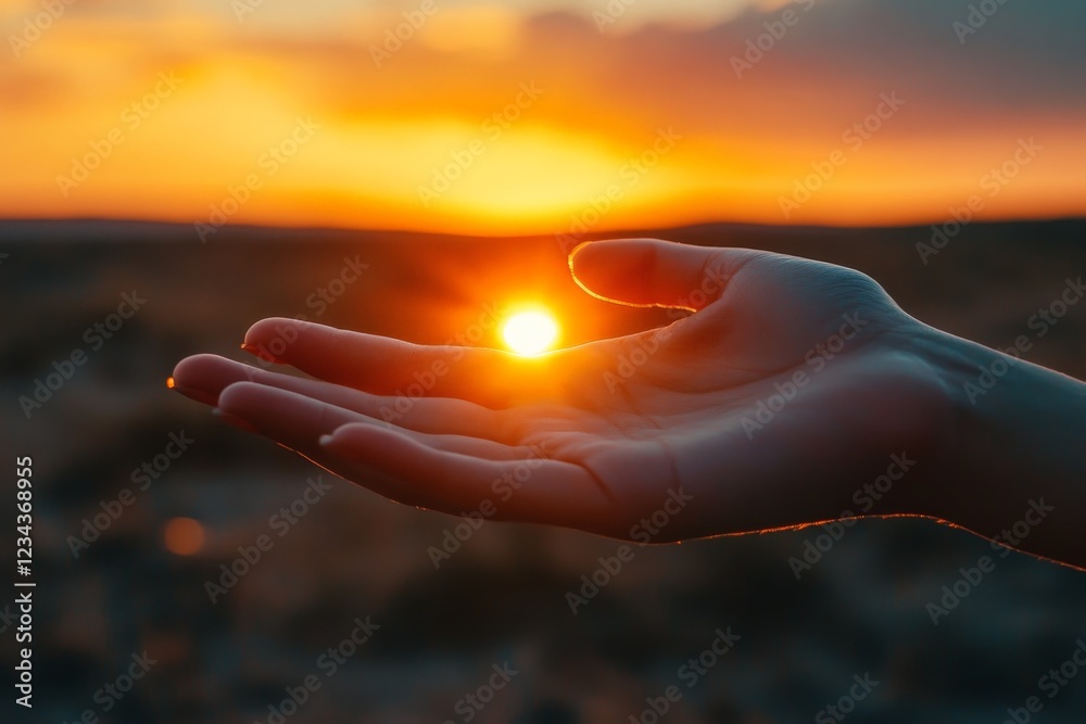Hand held out towards a sunset while gentle rays of sun illuminate the sky in hues of orange and pink Hand held out towards a sunset while gentle rays of sun illuminate the sky in hues of orange and pink