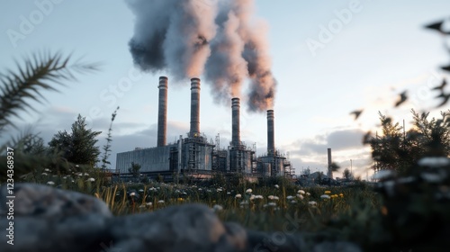 A factory with towering chimneys releasing steam into the air. photo