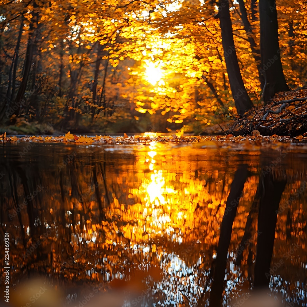 Naklejka premium Golden Autumn Sunset Reflecting on Calm