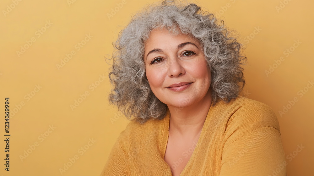 Older plus-size woman with rosy fair skin, curly gray hair, and dimples, isolated on a creamy light yellow background, earthy tones. Horizontal banner Women's day, Mother's day concept Older plus-size woman with rosy fair skin, curly gray hair, and dimples, isolated on a creamy light yellow background, earthy tones. Horizontal banner Women's day, Mother's day concept