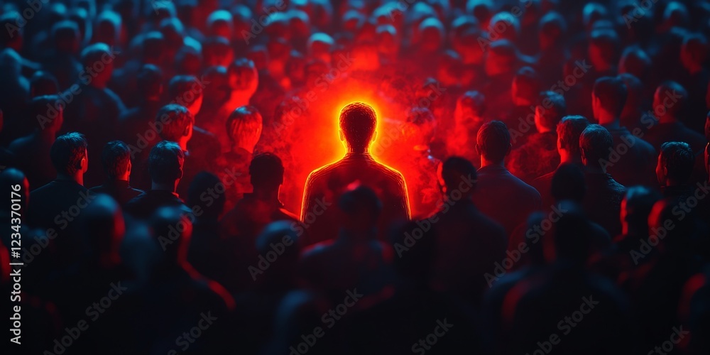 Obraz premium A striking glowing figure surrounded by a shadowy crowd, symbolizing individuality, leadership, and uniqueness.