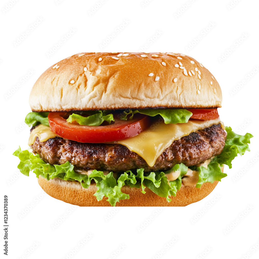 Hamburger with cheese, lettuce, and tomato, isolated on a transparent background Hamburger with cheese, lettuce, and tomato, isolated on a transparent background