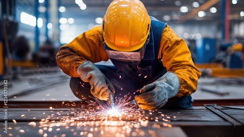 Workers wearing safety gear welding metal structures in a workshop.