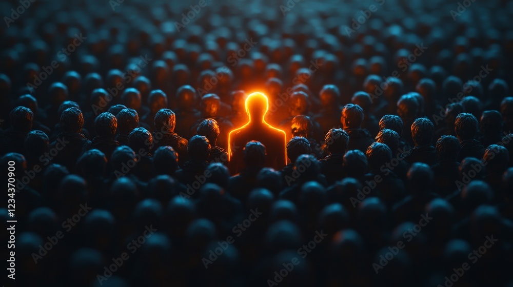 Obraz premium A striking glowing figure surrounded by a shadowy crowd, symbolizing individuality, leadership, and uniqueness.