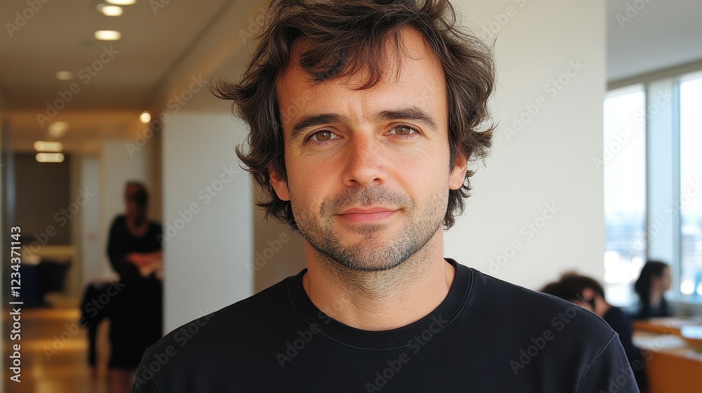 A young man stands confidently in a bright office environment. Natural light fills the space, highlighting his relaxed demeanor and tousled hair. Colleagues can be seen in the background A young man stands confidently in a bright office environment. Natural light fills the space, highlighting his relaxed demeanor and tousled hair. Colleagues can be seen in the background