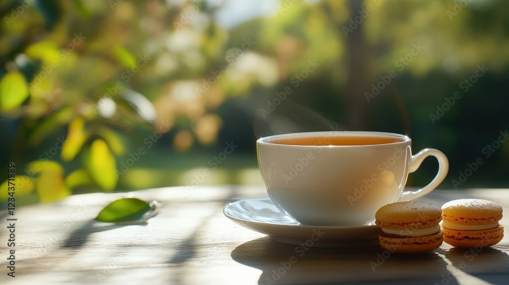cup of tea and macaroons. Selective focus cup of tea and macaroons. Selective focus