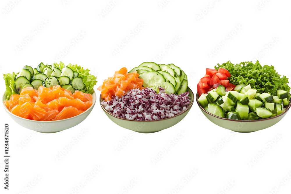 Three Colorful Poke Bowls with Salmon Rice Cucumber and Lettuce On A White Background, Transparent PNG Three Colorful Poke Bowls with Salmon Rice Cucumber and Lettuce On A White Background, Transparent PNG