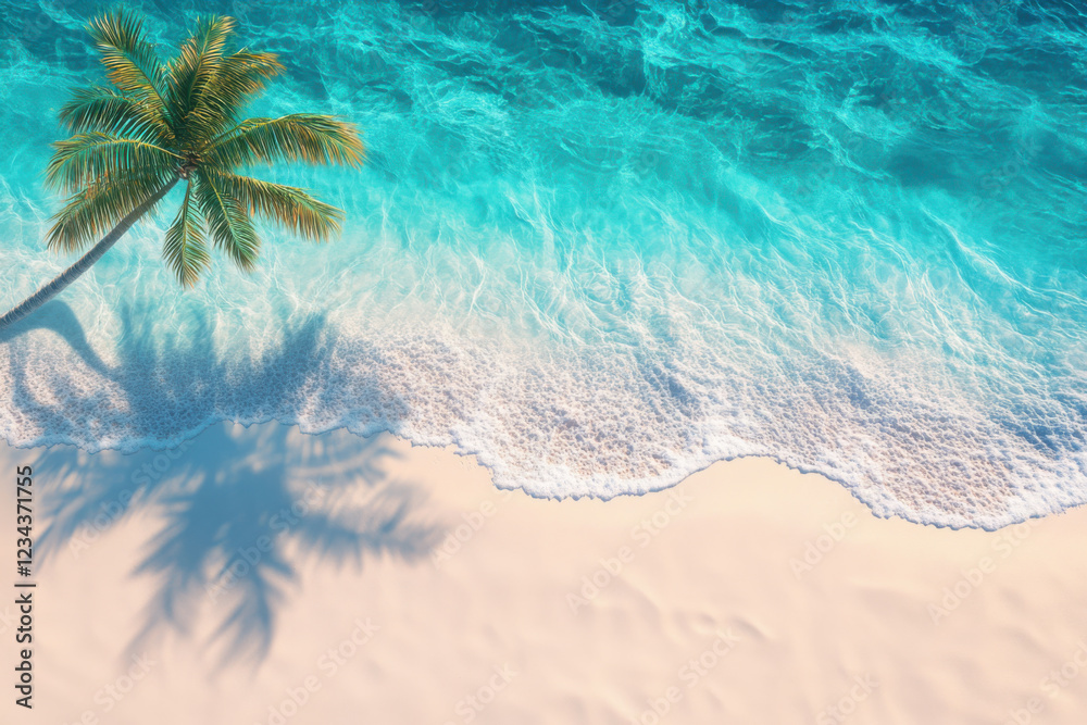 Tropical beach, palm tree shadow, turquoise water, copy space Tropical beach, palm tree shadow, turquoise water, copy space