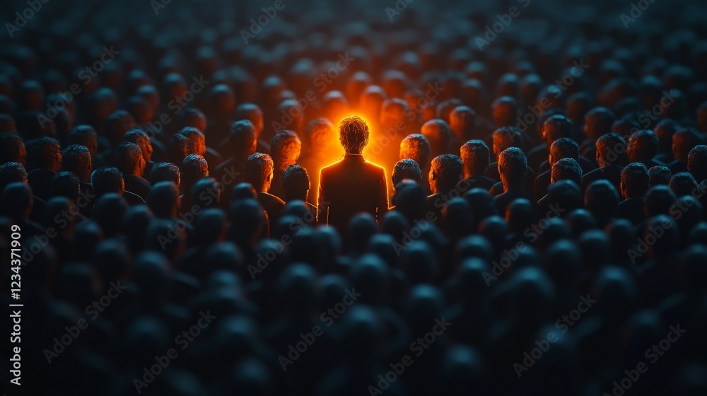 Obraz premium A striking glowing figure surrounded by a shadowy crowd, symbolizing individuality, leadership, and uniqueness.