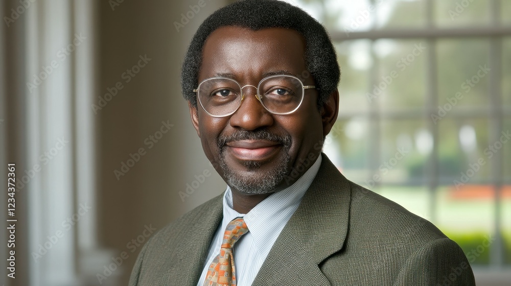 A man stands confidently, wearing a suit and glasses, in a well-lit interior with soft colors, smiling pleasantly, creating an inviting atmosphere A man stands confidently, wearing a suit and glasses, in a well-lit interior with soft colors, smiling pleasantly, creating an inviting atmosphere