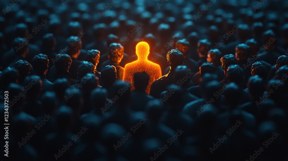 Obraz premium A striking glowing figure surrounded by a shadowy crowd, symbolizing individuality, leadership, and uniqueness.