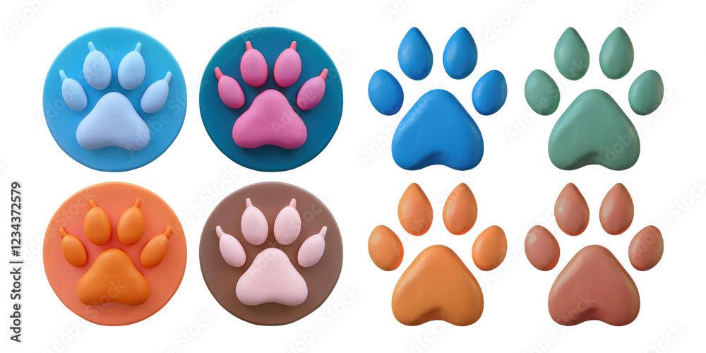 Fototapeta premium Colorful Paw Print Accessories for Pets, PNG collection, set bundle, isolate on transparent or white background