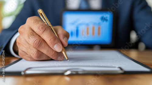 Federal Reserve Interest Rate Cut Themed, Businessman signing contract with financial graphs in background