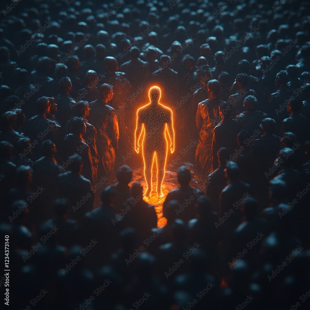 Obraz premium A striking glowing figure surrounded by a shadowy crowd, symbolizing individuality, leadership, and uniqueness.
