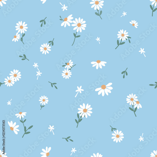 Seamless pattern with daisy chamomile flower on blue background vector.