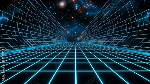 Neon Grid Pathway Through A Starry Space Tunnel photo