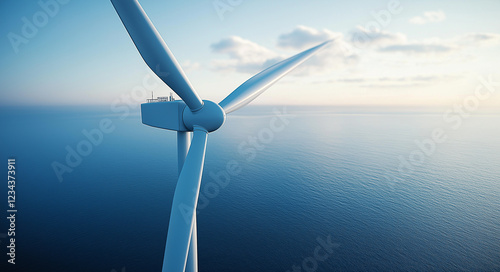 Wind turbines at sea under a bright blue sky, representing renewable and clean energy.