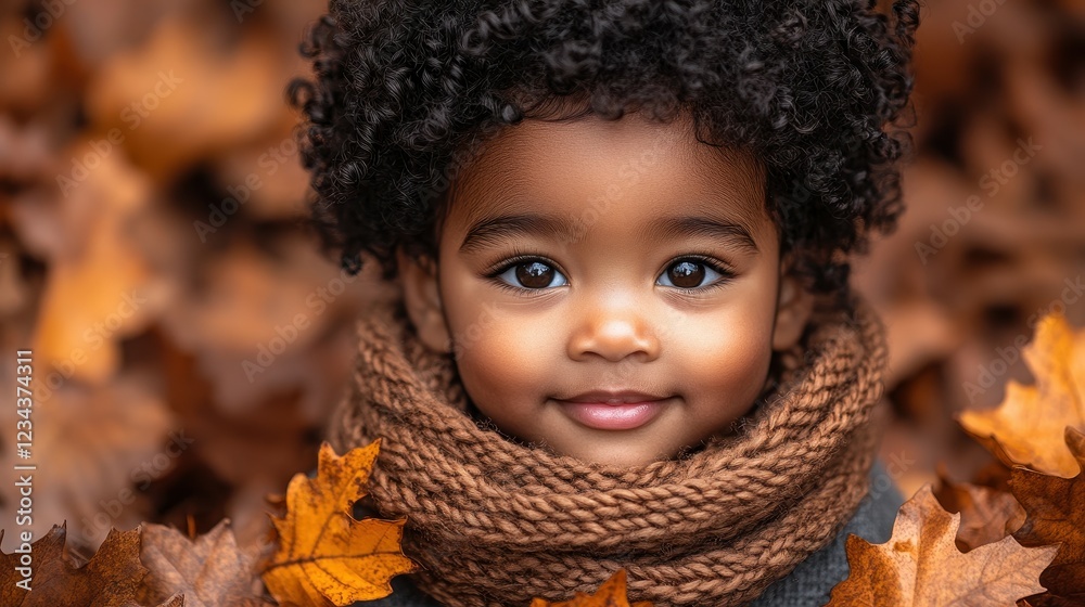 A joyful child with curly hair and bright eyes relaxes among vibrant autumn leaves. Wrapped in a brown scarf, the scene captures the warmth of a sunny day in the park A joyful child with curly hair and bright eyes relaxes among vibrant autumn leaves. Wrapped in a brown scarf, the scene captures the warmth of a sunny day in the park