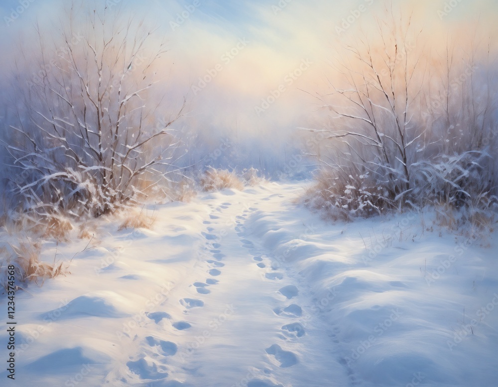Snowy winter landscape with tranquil mood and footsteps on the path, soft sunrise background Snowy winter landscape with tranquil mood and footsteps on the path, soft sunrise background