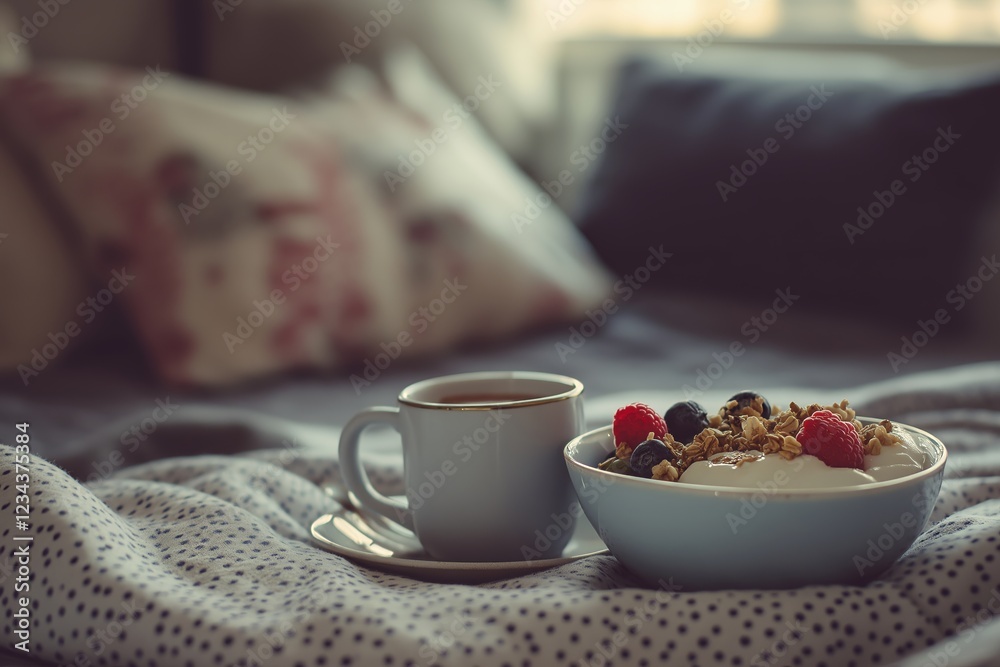 A cozy nook features yogurt with granola beside a steaming cup of coffee, inviting a relaxing start to the day in a warm, inviting atmosphere. A cozy nook features yogurt with granola beside a steaming cup of coffee, inviting a relaxing start to the day in a warm, inviting atmosphere.