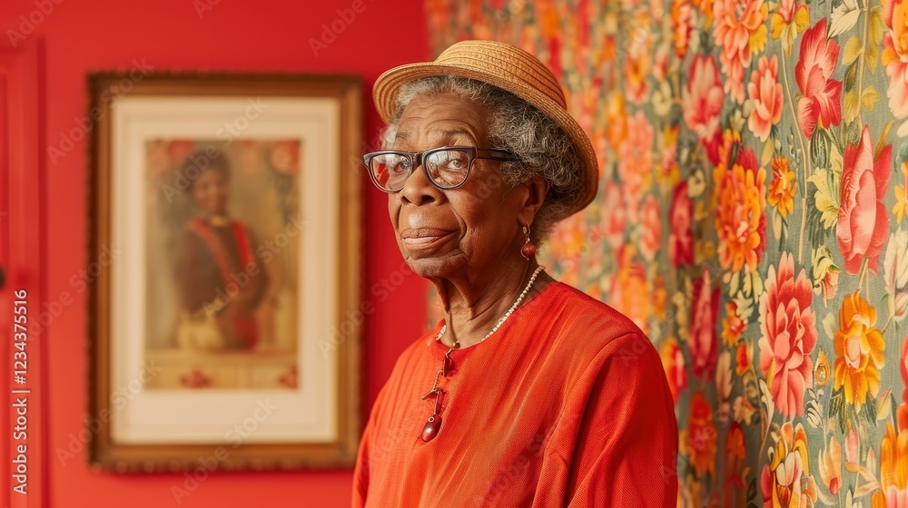 A senior woman stands confidently in a bright room filled with colorful floral wallpaper. She wears glasses and a straw hat, showcasing a stylish orange outfit, surrounded by artwork A senior woman stands confidently in a bright room filled with colorful floral wallpaper. She wears glasses and a straw hat, showcasing a stylish orange outfit, surrounded by artwork