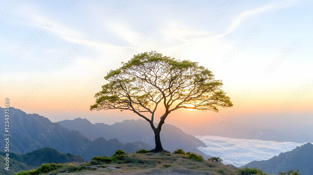 Sunrise over mountains, lone tree silhouette, peaceful landscape, nature serenity Sunrise over mountains, lone tree silhouette, peaceful landscape, nature serenity