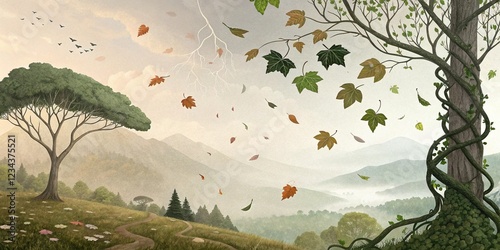 Painted digital picture landscape, illustration of spring in the forest and view from hill to mountains.
