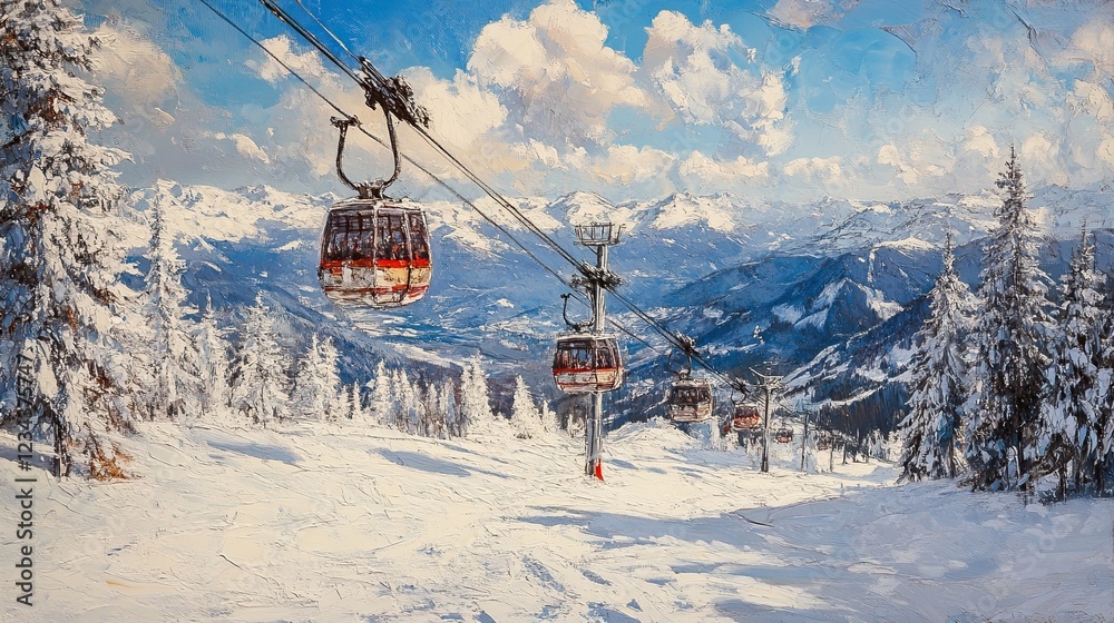 Cable cars rise over snowy mountain slopes at a popular winter resort. - Cable cars rise over snowy mountain slopes at a popular winter resort. -