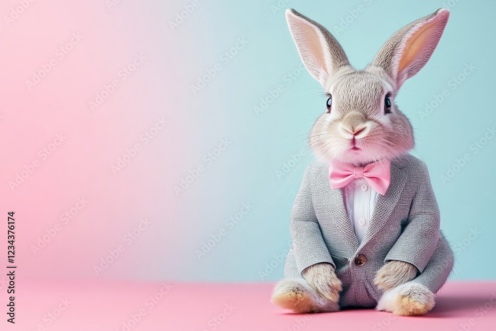 Fototapeta premium Cute rabbit in a suit with a bow tie against a pastel background during a studio photoshoot