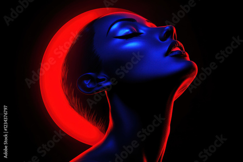 Woman's face, neon red and blue backdrop, copy space