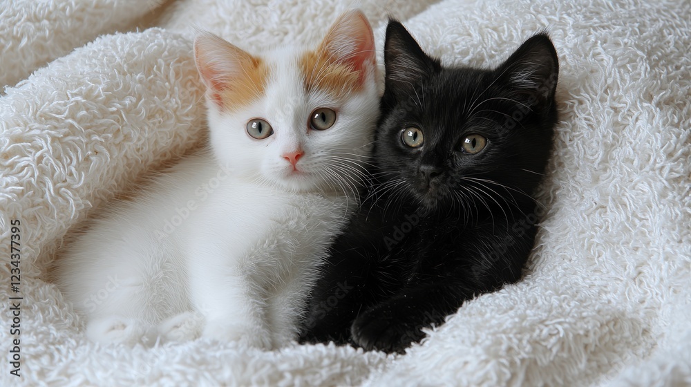 Obraz premium Two kittens cuddling on a fluffy blanket, indoors. Perfect for pet product ads