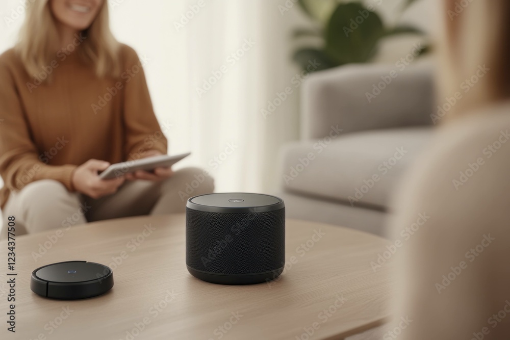 Modern home interior with a woman using a tablet, stylish speaker on a table, warm colors, and a cozy atmosphere, ideal for technology and lifestyle concepts Modern home interior with a woman using a tablet, stylish speaker on a table, warm colors, and a cozy atmosphere, ideal for technology and lifestyle concepts