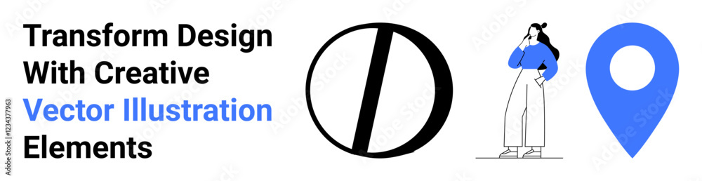 Stylized woman pondering, bold geometric shape, location pin, and text promoting creativity. Ideal for design concepts, branding, location services, education, marketing technology flat landing