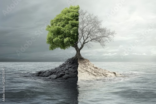 Contrast of life and death in a solitary tree standing between two worlds