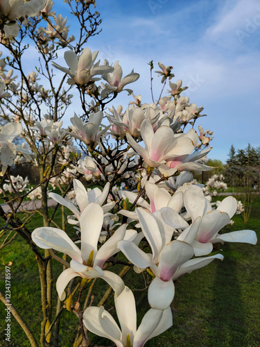 The flowering of magnolia in the botanical garden photo