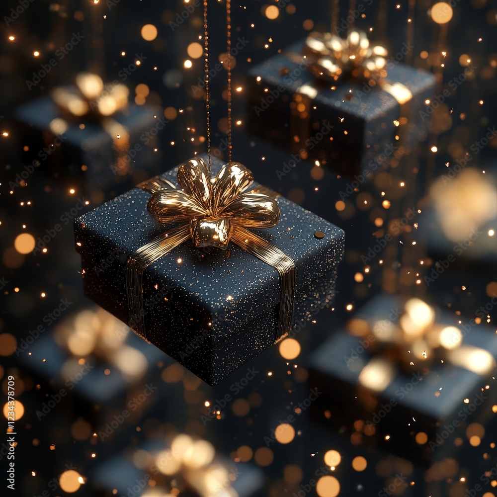 Elegant black and gold gift boxes with sparkles, perfect for conveying luxury, celebration, and festive occasions. Elegant black and gold gift boxes with sparkles, perfect for conveying luxury, celebration, and festive occasions.