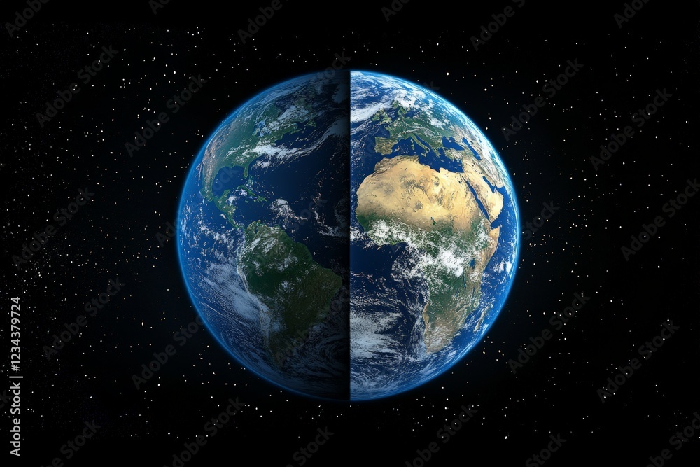 Obraz premium Earth viewed from space highlights continents and oceans in a breathtaking cosmic perspective during daylight and night