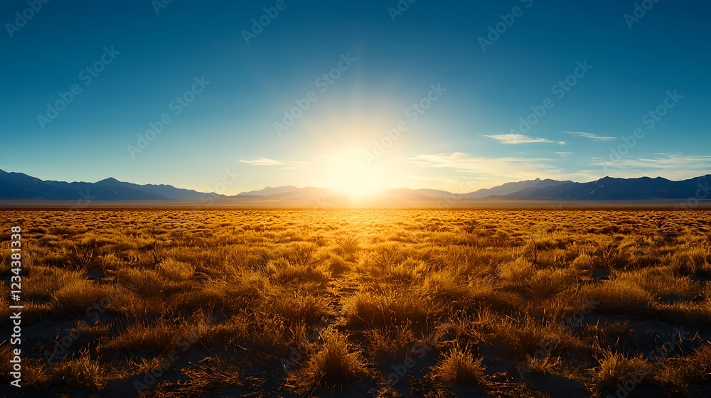 Obraz premium Golden Hour Desert Sunset Landscape with Distant Mountains