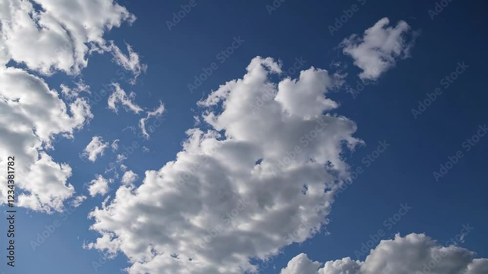 Cloudy sky with fluffy white clouds, clear blue background. Nature and tranquility concept