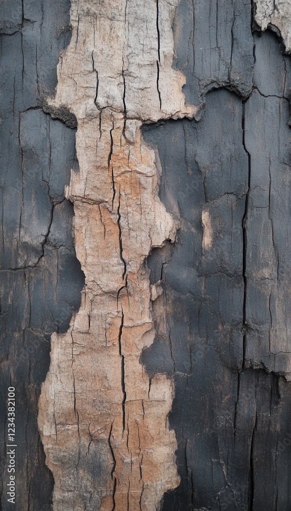 Naklejka premium Striped tree bark: contrasting textures of weathered and charred wood.