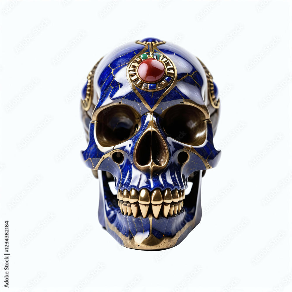 Skull made of lapis lazuli and metal. Isolated on white background. Digital illustration.