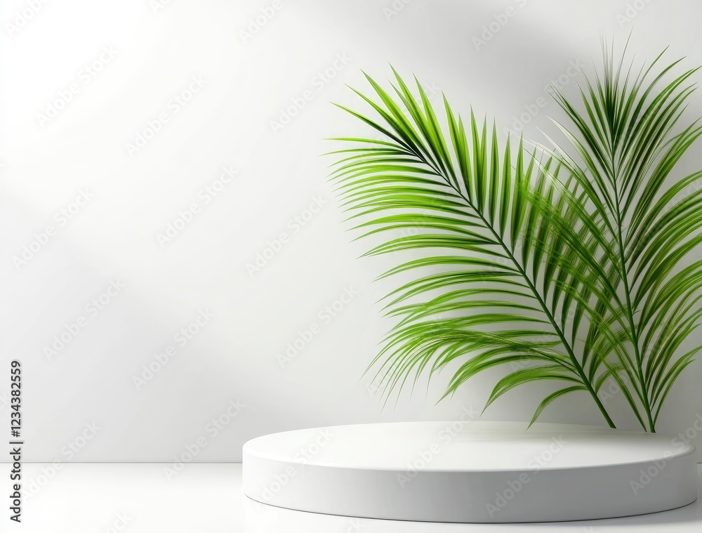 3D render of a white minimal background with a podium and a palm leaf for product display presentation. 3D render of a white minimal background with a podium and a palm leaf for product display presentation.