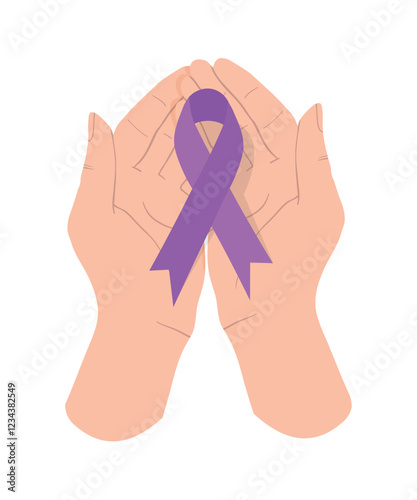 Hand holding purple awareness ribbon on white background stock illustration