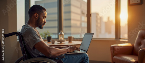 Man in Wheelchair Using Laptop Computer for Work and Communication photo