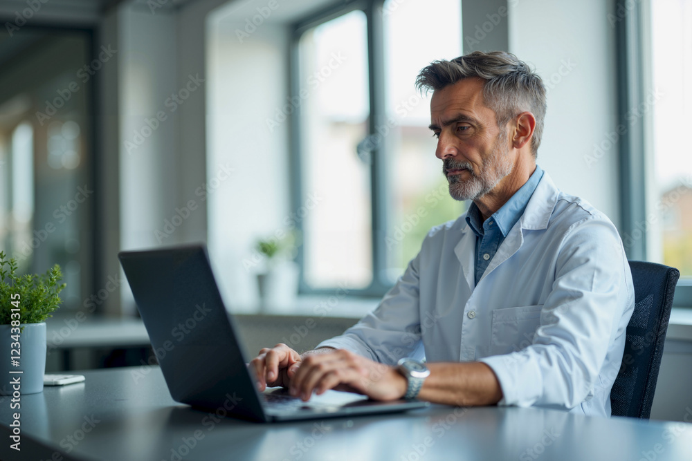 Bearded Man in Lab Coat Working on Laptop in Laboratory Setting Bearded Man in Lab Coat Working on Laptop in Laboratory Setting