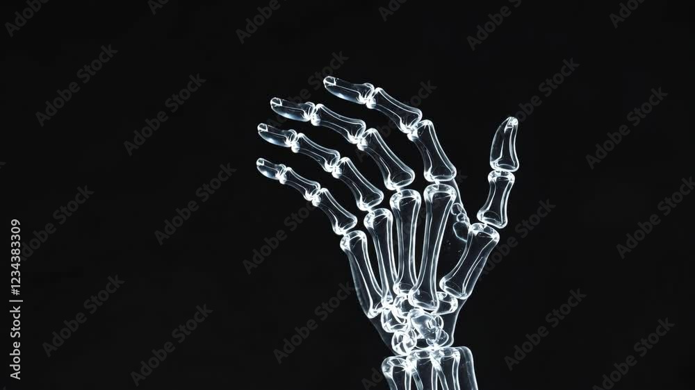 Transparent skeleton hand model against black background, futuristic design concept
